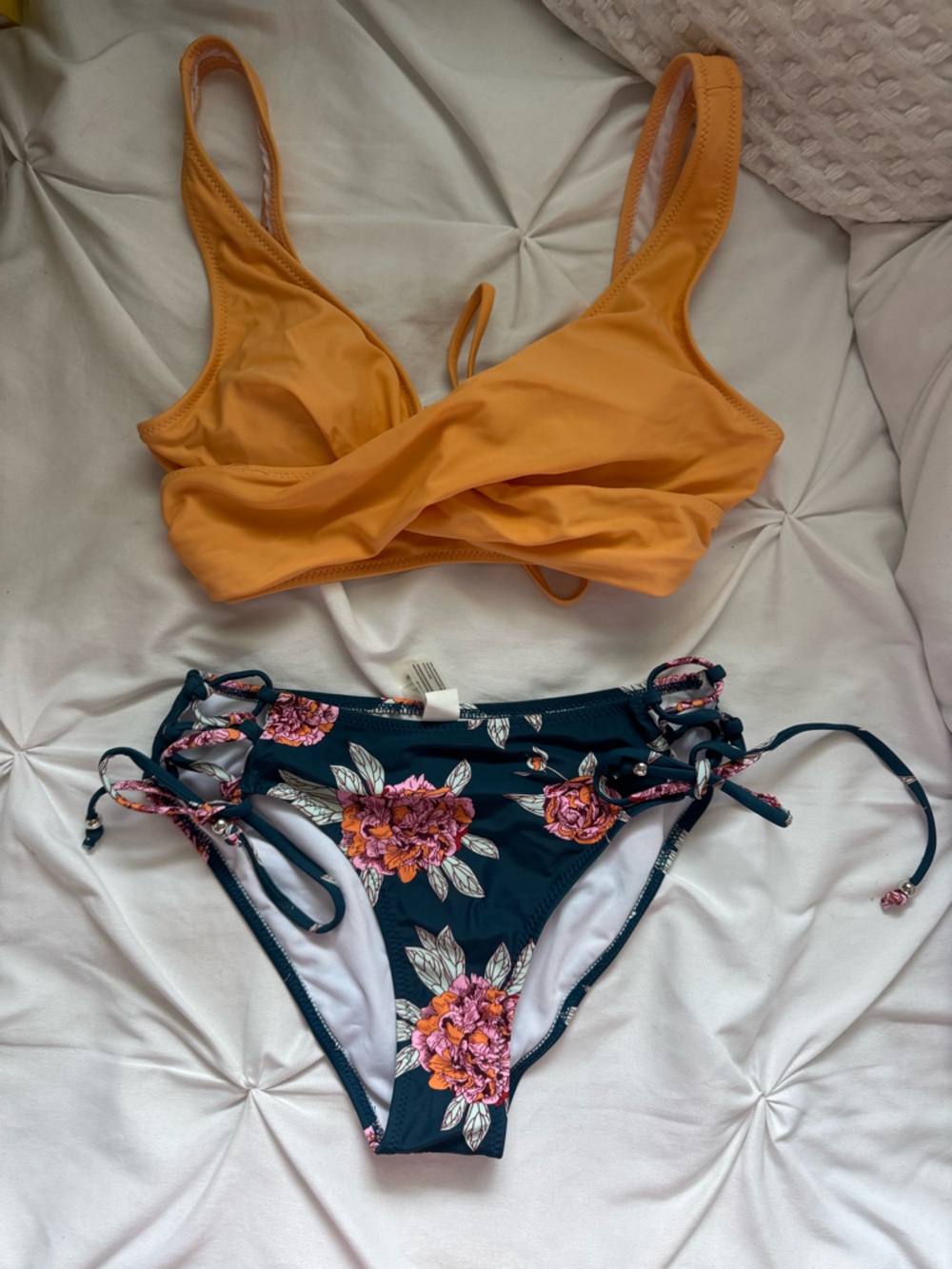 Cupshe Mustard Orange Wrap Bikini Top with Navy Floral Tie-Side Bottoms